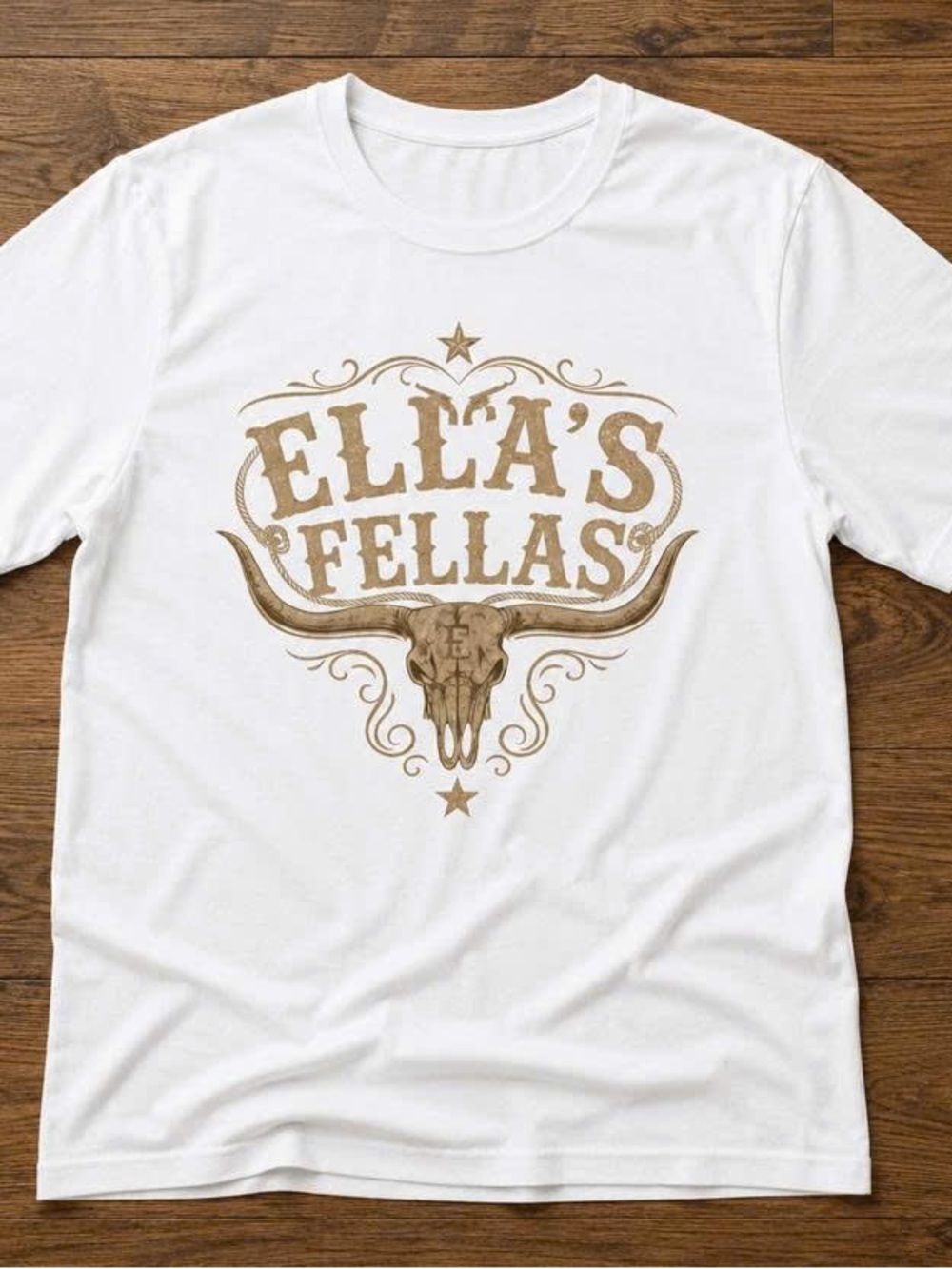 White Short Sleeve Tee with Gold 'Ella's Fellas' Graphic